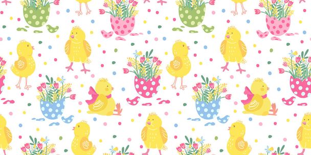 Vector seamless pattern. Cute little chickens and colorful eggs with spring flowers. Daffodils, tulips and mimosa. Great for fabrics, wrapping papers, wallpapers, covers. Easter design.	 - Διάνυσμα, εικόνα