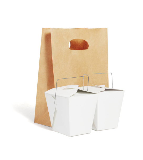 Conteneurs alimentaires chinois à emporter et sac en papier brun sur fond blanc - Photo, image