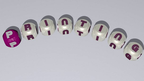 Kreuzworträtsel von PRINTING, angeordnet durch kubische Buchstaben auf einem Spiegelboden, Konzept, Bedeutung und Präsentation. Abbildung und Hintergrund - Foto, Bild