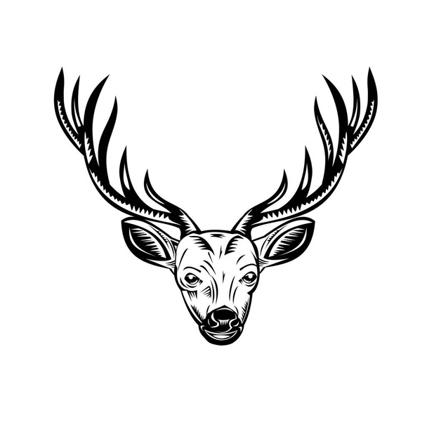 Retro-Holzschnitt-Illustration eines Hirschs, Bocks oder Hirsches mit Jagdgewehr von vorne auf isoliertem Hintergrund in schwarz-weiß - Vektor, Bild