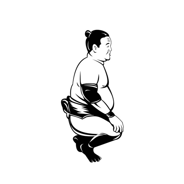 Retro style illustration of sumo wrestler or rikishi, a form of competitive full-contact wrestling, squatting  viewed from side on isolated background done in black and white. - Vector, Image