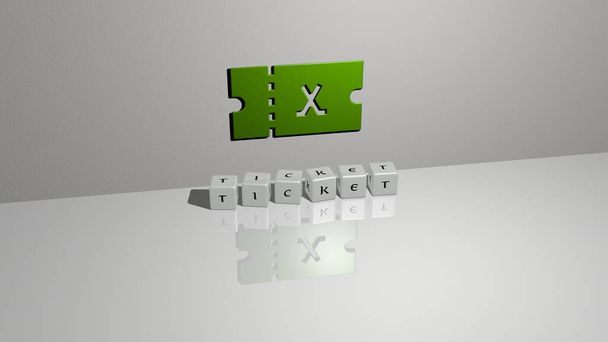 Graficzny obraz 3D TICKET pionowo wraz z tekstem zbudowanym metalicznymi literami sześciennymi z górnej perspektywy, doskonały do prezentacji koncepcyjnej i pokazów slajdów. Ilustracja i tło - Zdjęcie, obraz