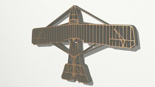 vliegend vliegtuig aan de muur. 3D illustratie van metalen sculptuur over een witte achtergrond met milde textuur. blauw en lucht - Foto, afbeelding