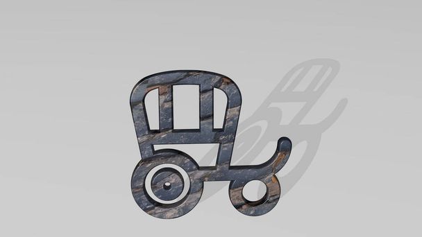 Oldtimer-Kutsche hergestellt durch 3D-Illustration einer metallisch glänzenden Skulptur, die Schatten auf hellem Hintergrund wirft. Design und Abstraktion - Foto, Bild