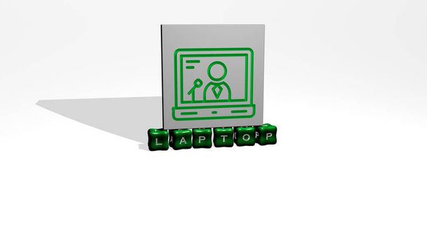 ilustração 3D de gráficos LAPTOP e texto feito por cartas de dados metálicos para os significados relacionados do conceito e apresentações. computador e negócios
 - Foto, Imagem