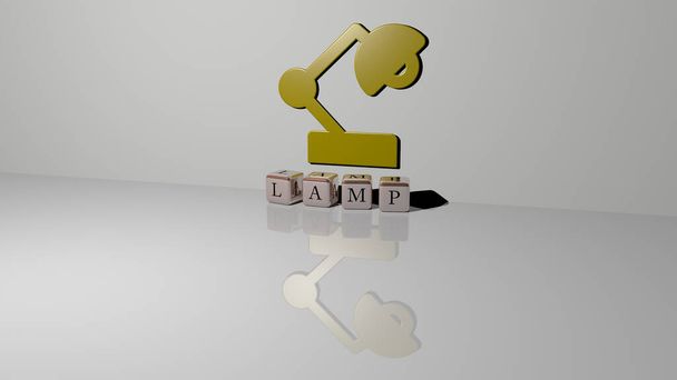 3D illustratie van de lamp graphics en tekst gemaakt door metalen dobbelstenen letters voor de bijbehorende betekenissen van het concept en presentaties. achtergrond en licht - Foto, afbeelding