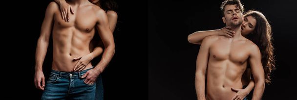 Колаж жінки, що обіймає без сорочки хлопця ізольовано на чорному
  - Фото, зображення