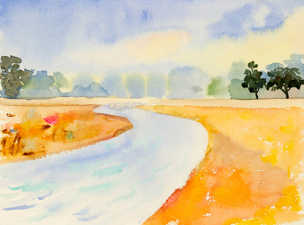 Aquarela paisagem pintura panorama vista colorido de rio e praia floresta com céu nuvem fundo, em beleza natureza primavera estação. Impressionista pintado, imagem ilustração
 - Foto, Imagem