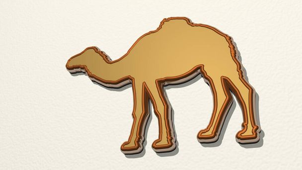 Kameli seinällä. 3D-kuva metallisesta veistoksesta valkoisella pohjalla, jolla on lievä rakenne. aavikko ja eläin - Valokuva, kuva