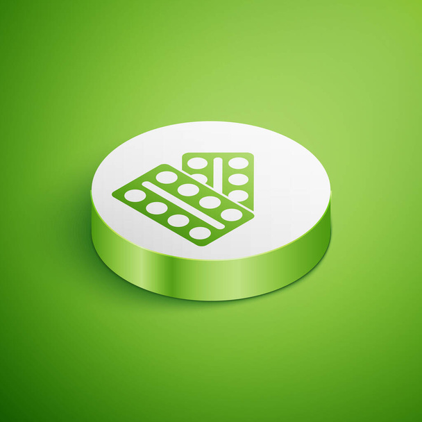Isometric Pills in blister pack icon isolated on green background. Medical drug package for tablet, vitamin, antibiotic, aspirin. White circle button. Vector. - Vector, Image