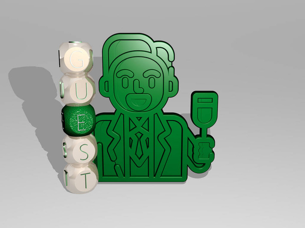 3D-Darstellung des Gastes mit Icon an der Wand und Text, angeordnet durch metallische kubische Buchstaben auf einem Spiegelboden für Konzeptbedeutung und Diashow-Präsentation. Hotel und Illustration - Foto, Bild