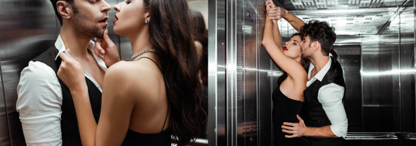 コラージュのハンサムな男キスとタッチセクシー女性でエレベーター  - 写真・画像