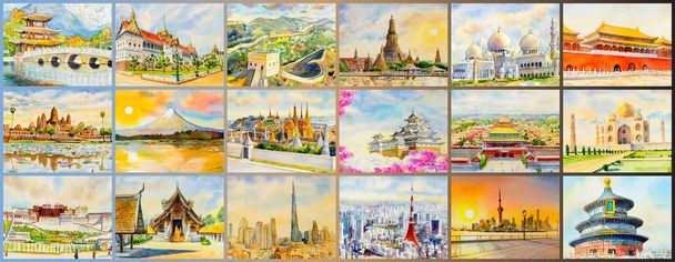 Cestování slavné památkové architektury kultury Asie. Akvarel krajiny ilustrace se skupinou set a pozadí. Oblíbený festival turistických atrakcí s reklamou, plakátem, pohlednicí.  - Fotografie, Obrázek