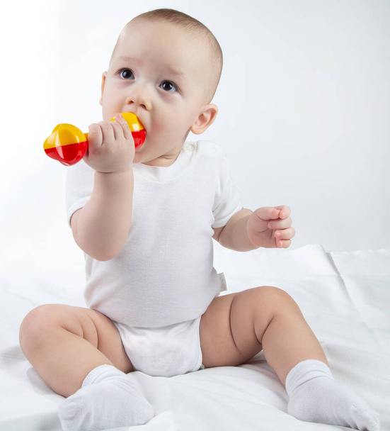 Foto eines neun Monate alten Babys mit Rassel auf weißem Hintergrund - Foto, Bild