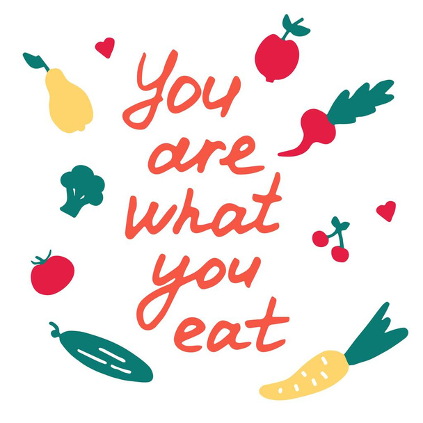 Hand-drawn pear cherry broccoli tomato carrot cucumber apple beet and hand written inscription You are what you eat. Vector illustration - Vector, Image