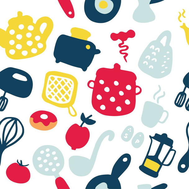 Doodle icons set of kitchen appliances and objects. Hand-drawn cooking items. Household appliances and housewares. Seamless pattern. Vector illustration - Vecteur, image