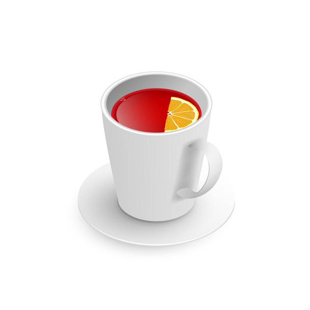 Realistic 3d cup of hot aromatic healthy herbal rooibos or hibiscus red tea with lemon. A teacup isometric view isolated on white background. Vector illustration for web, design, menu, app. - Vector, Image