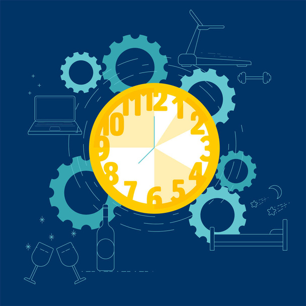 Time management concept. Time spent to increase efficiency metaphor. Choices of using time. Symbols of daily specific activities. Vector illustration concept outline flat design style. - Vector, Image