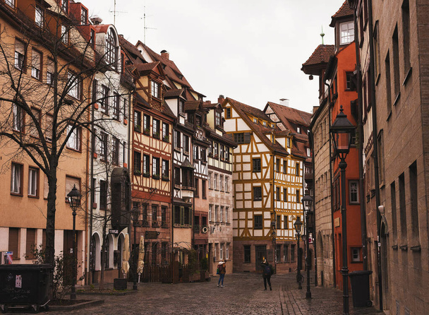 Nuremberg, Germany - July 10, 2020, cobbled street in medieval German style and old houses - Foto, imagen
