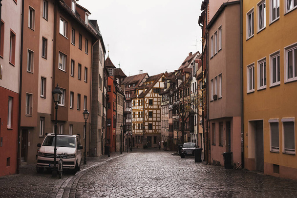Nuremberg, Germany - July 10, 2020, cobbled street in medieval German style and old houses - Fotó, kép