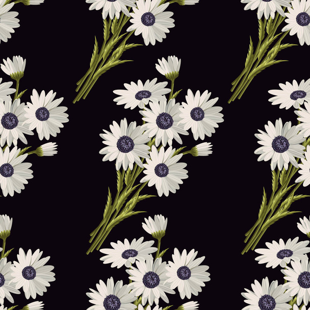 Seamless pattern with white daisies on black background. Vector illustration - Vettoriali, immagini