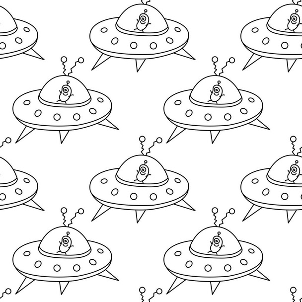 Seamless childish pattern with Flying Saucers, UFO, cute aliens. Vector background and texture for fabric, wrapping, wallpaper, textile, apparel, cover, coloring book. - Vector, Image