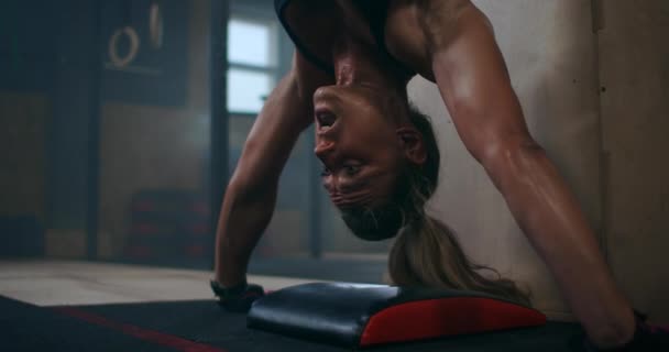 Training vertical push-ups, intense strength exercise in closed gym. Woman doing vertical push-ups workout - Filmmaterial, Video