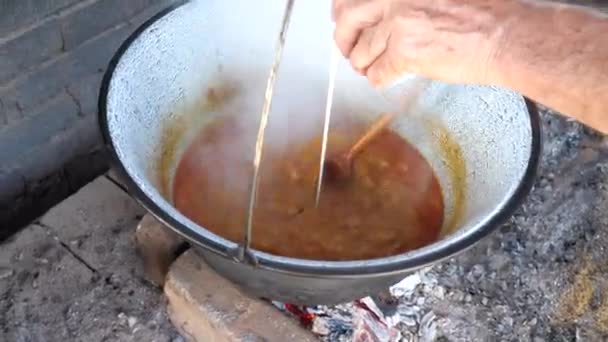 Chef gießt Salz in zubereitetes Schweinegulasch im tiefen Emaille-Wasserkocher auf Gartenherd. Gartenküche beim traditionellen Familienessen - Filmmaterial, Video