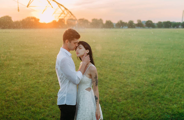 Couple in love stands and embraces among lawn under water drops from agricultural sprayer at sunset. - Foto, immagini
