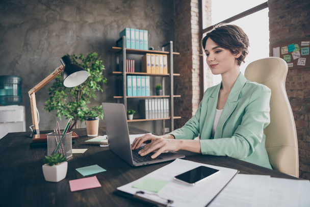 Profile photo of confident pretty business lady notebook table chatting colleagues corporate report insurance agent home remote work quarantine sit chair modern interior office indoors - 写真・画像