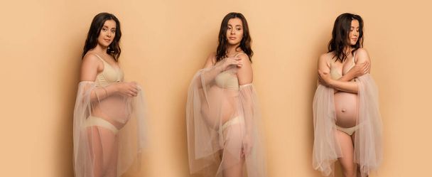 collage of pregnant woman in beige lingerie and chiffon sleeves touching shoulder, hugging herself and looking at camera on beige, panoramic shot - Photo, Image