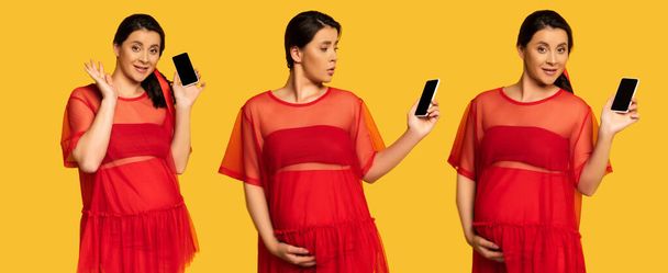 collage de mujer embarazada agitando la mano y tocando el vientre mientras sostiene el teléfono inteligente con pantalla en blanco en el concepto amarillo, panorámico - Foto, Imagen