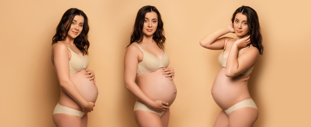 collage de morena embarazada en ropa interior tocando vientre y mirando a la cámara en beige, plano panorámico - Foto, Imagen