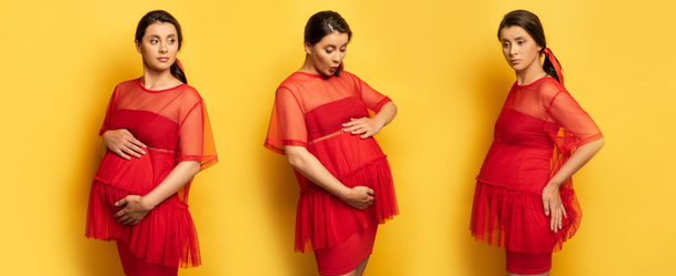 Collage einer jungen Schwangeren, die den Bauch berührt und sich Sorgen macht, während sie die Hüfte auf gelbem, panoramischen Konzept berührt - Foto, Bild
