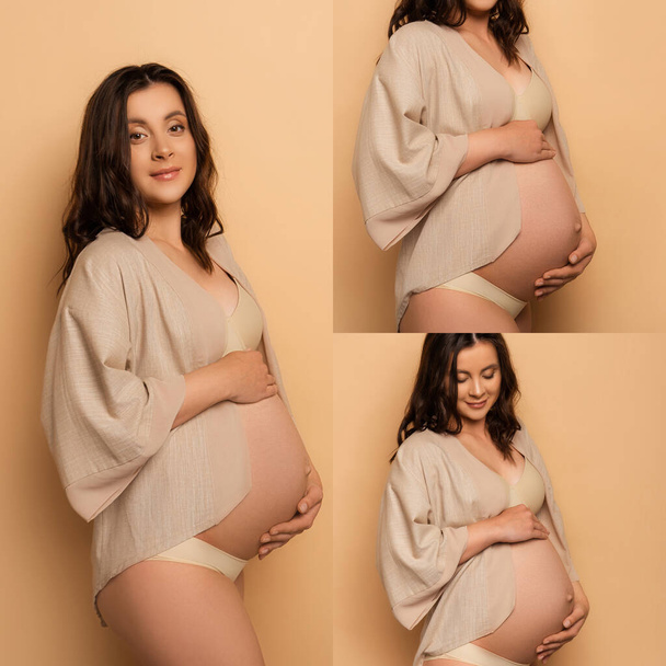 collage of young pregnant woman in lingerie and shirt touching belly and looking at camera on beige - Photo, Image