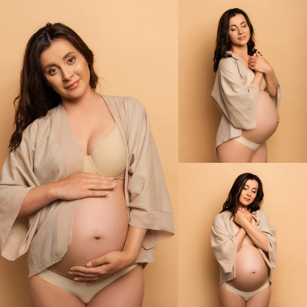 коллаж беременной женщины, трогающей живот, смотрящей в камеру, стоящей с сжатыми руками и закрытыми глазами на бежевом - Фото, изображение