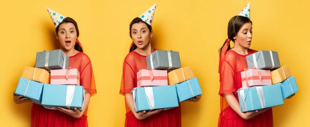 collage of surprised pregnant woman in party cap holding gift boxes on yellow, horizontal image - Photo, Image