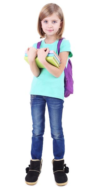 Beautiful little girl with backpack holding books isolated on white - Valokuva, kuva