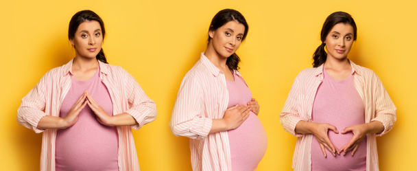 collage of pregnant woman showing heart symbol, protective gesture and touching tummy on yellow, horizontal concept - Photo, image