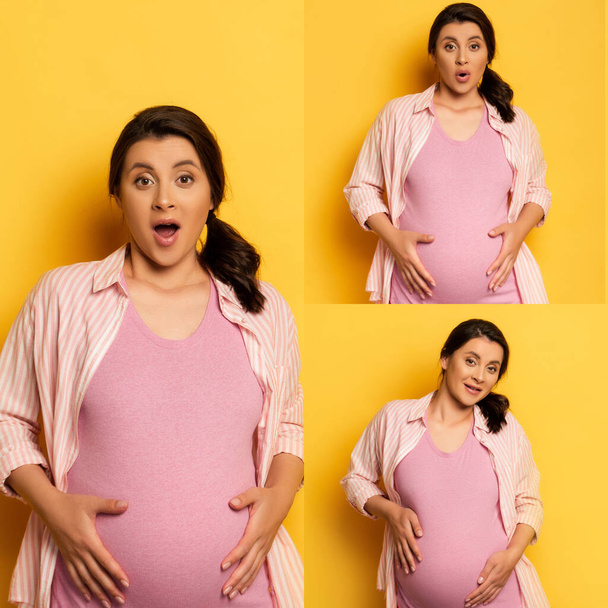 коллаж удивленной беременной женщины, трогающей животик и смотрящей в камеру на желтый - Фото, изображение