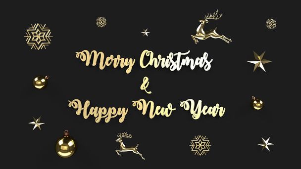 3d rendu de Lettrage Joyeux Noël carte, fond de Noël avec des flocons de neige en or brillant, étoile, renne et boule de Noël. - Photo, image