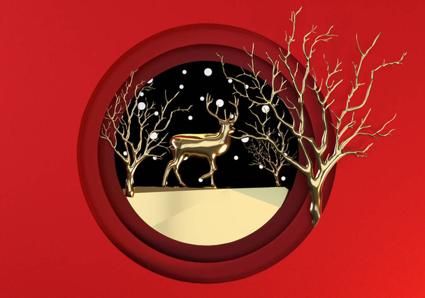 3D-weergave van goud Herten en bos met sneeuw achtergrond in het winterseizoen en kerstmis.red papier kunst en digitale ambachtelijke stijl. - Foto, afbeelding