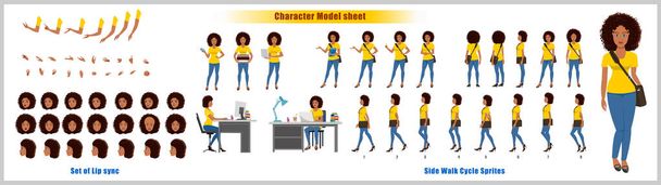 Афроамериканская студентка разработала модельный лист с анимацией прогулочного цикла. Дизайн женского характера. Передние, боковые, задние виды и позы мультипликации. Набор символов с синхронизацией губ  - Вектор,изображение