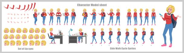 Blond Hair Girl Student Character Design Model Sheet met loopfiets animatie. Meisje Karakter ontwerp. Voor-, zijkant, achteraanzicht en uitleg animatie poses. Karakterset met lip sync  - Vector, afbeelding