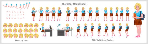 Blond Hair Girl Student Character Design Model Sheet mit Walk-Cycle-Animation. Mädchencharakterdesign. Vorne, Seite, Rückseite und Erkläranimation. Zeichensatz mit Lippensynchronisation  - Vektor, Bild