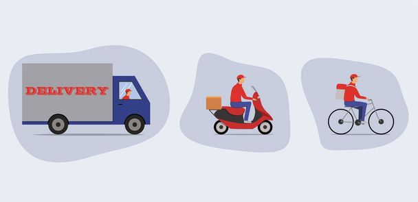 Çevrimiçi dağıtım hizmeti konsepti, çevrimiçi sipariş takibi, eve ve ofise teslimat. Depo, kamyon, scooter ve bisikletli kurye, eldivenli teslimatçı. Stok vektör illüstrasyonu - Vektör, Görsel