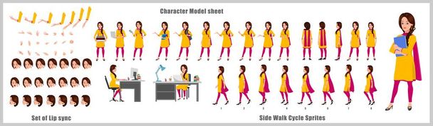Indická dívka Student Charakter Design Model Sheet s procházka cyklu animace. Design ženských postav. Přední, boční, zadní pohled a vysvětlující animace pózuje. Znaková sada s různými pohledy a synchronizací rtů  - Vektor, obrázek