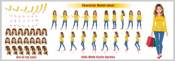 Blond Hair Shopping Girl Character Design Model Sheet with walk cycle animation. Girl Character design. Front, side, back view and explainer animation poses. Character set with lip sync  - Vector, Image