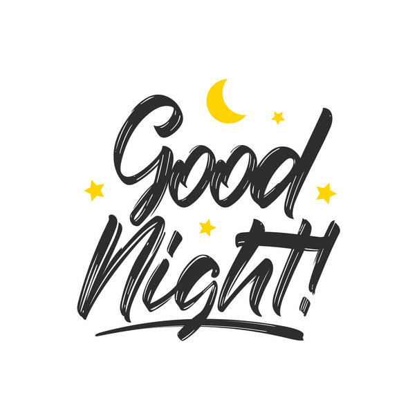 Vector illustration: Handwritten brush type lettring of Good Night with flat moon and stars on white background - Vector, imagen