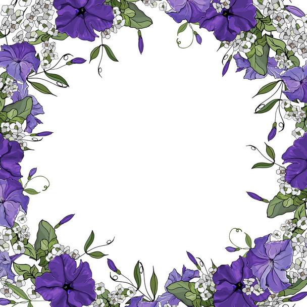 Vector frame with flowers purple petunia. Background for your design, greeting cards, save the dates.	 - Wektor, obraz
